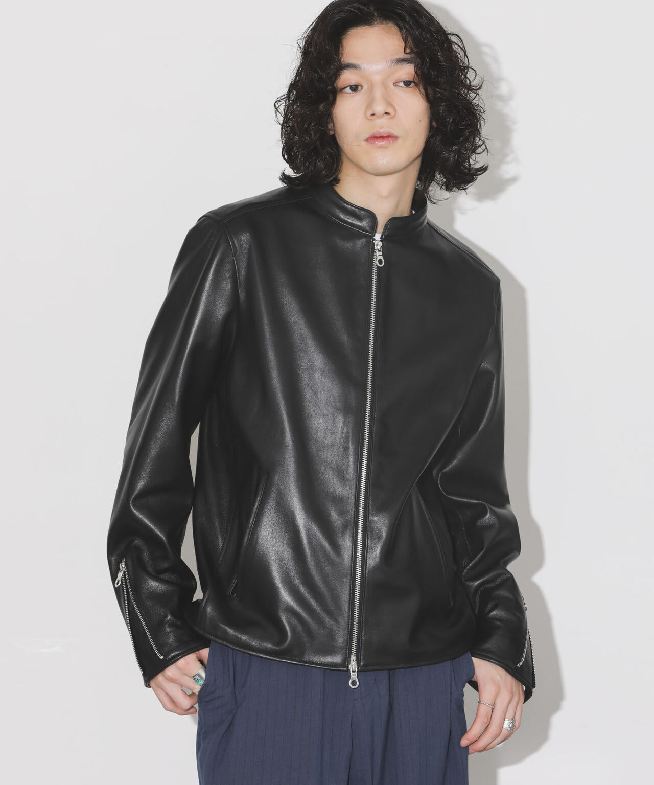 バンドカラーレザーシングルライダースジャケット | NANO universe