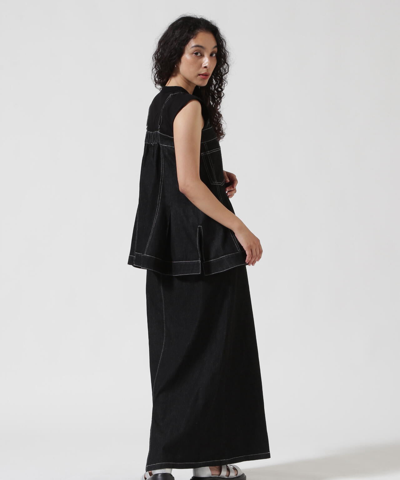 アウラアイラ 2wayマキシ丈ワンピース 黒 異素材 ツイード