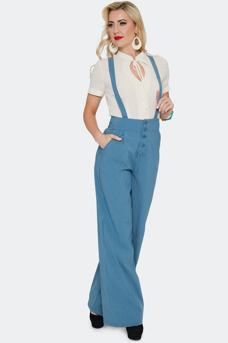 Blue Pinstripe High Waisted Suspender Pants by Voodoo Vixen