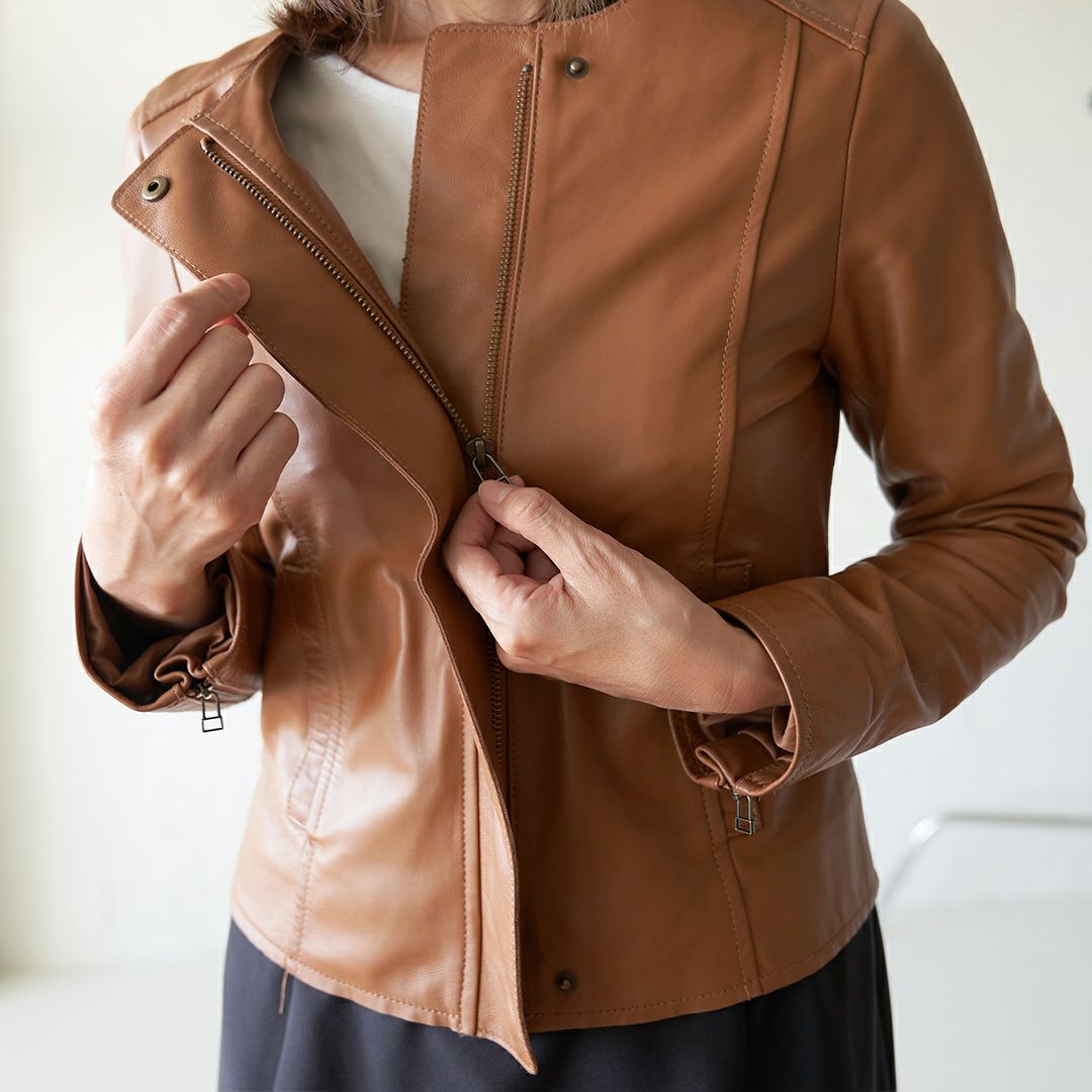 ラムレザー ノーカラージャケットブルゾン(キャメル) | もりのがっこう公式