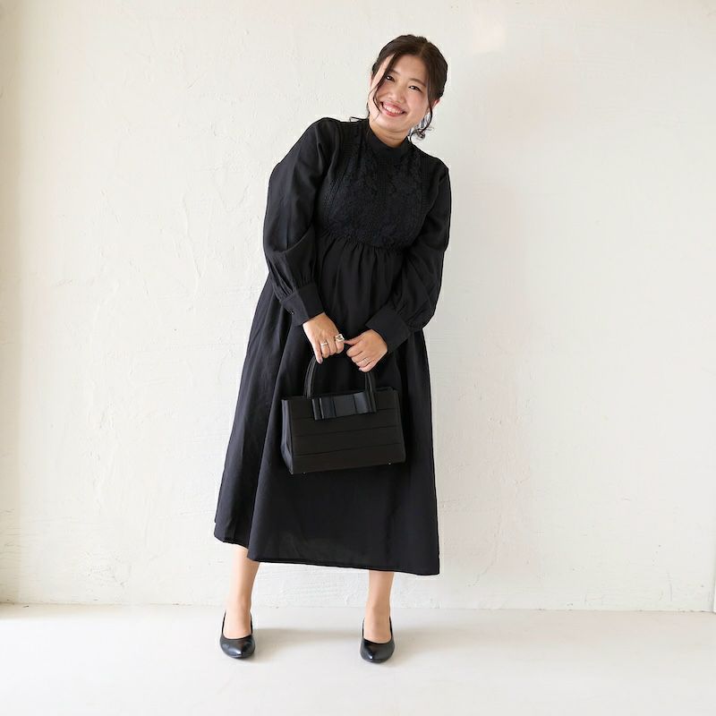 プラスサイズ レースが可愛いフォーマル長袖ワンピースドレス(ブラック