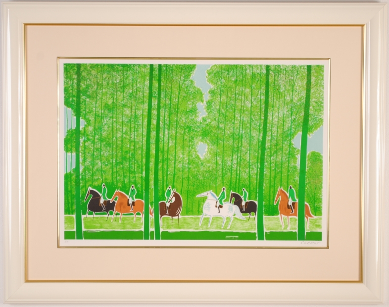 馬の絵画をリトグラフの版画で制作したセルジュ・ラシスの馬の絵「緑の