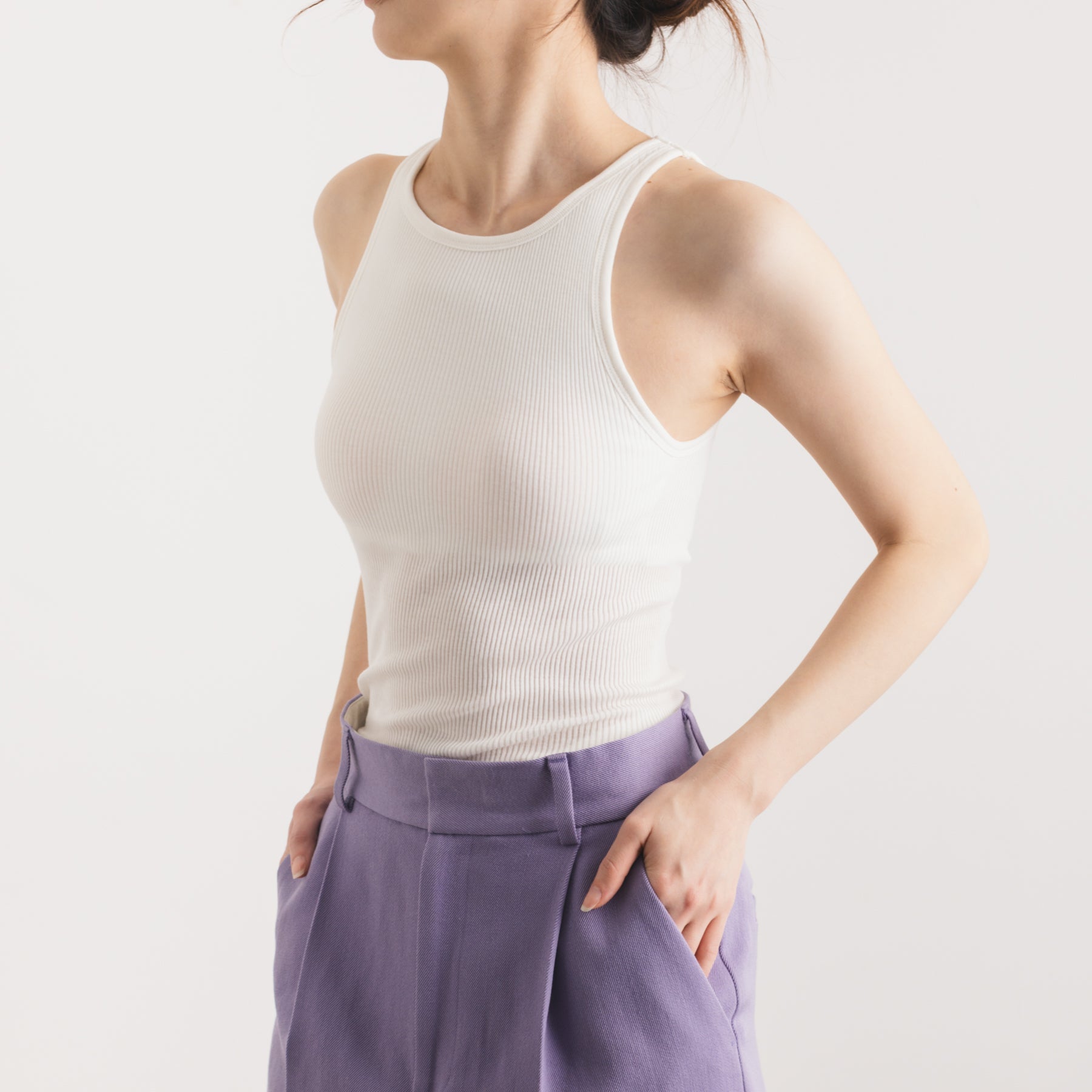 コットンシルクリブ タンクトップ（アメリカンスリーブ）, カップ付き