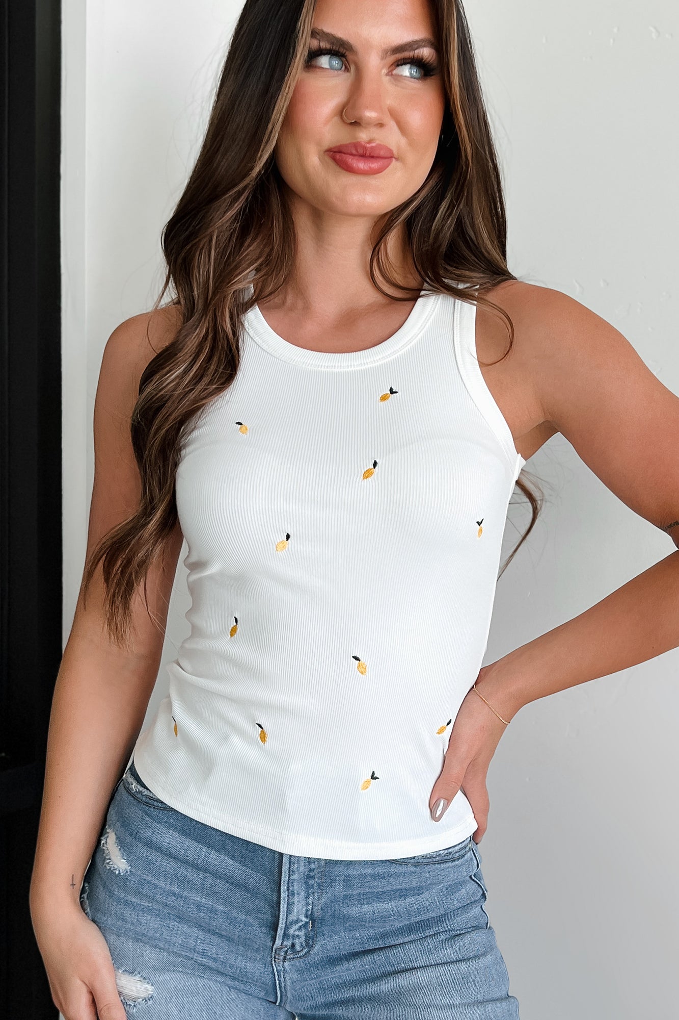 Warmer Days Lemon Embroidered Tank Top (White/Lemon) · NanaMacs