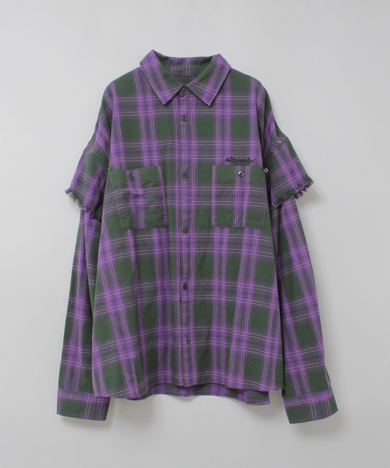 B2941 レイヤードスリーブチェックシャツ(M イエロー/ネイビー