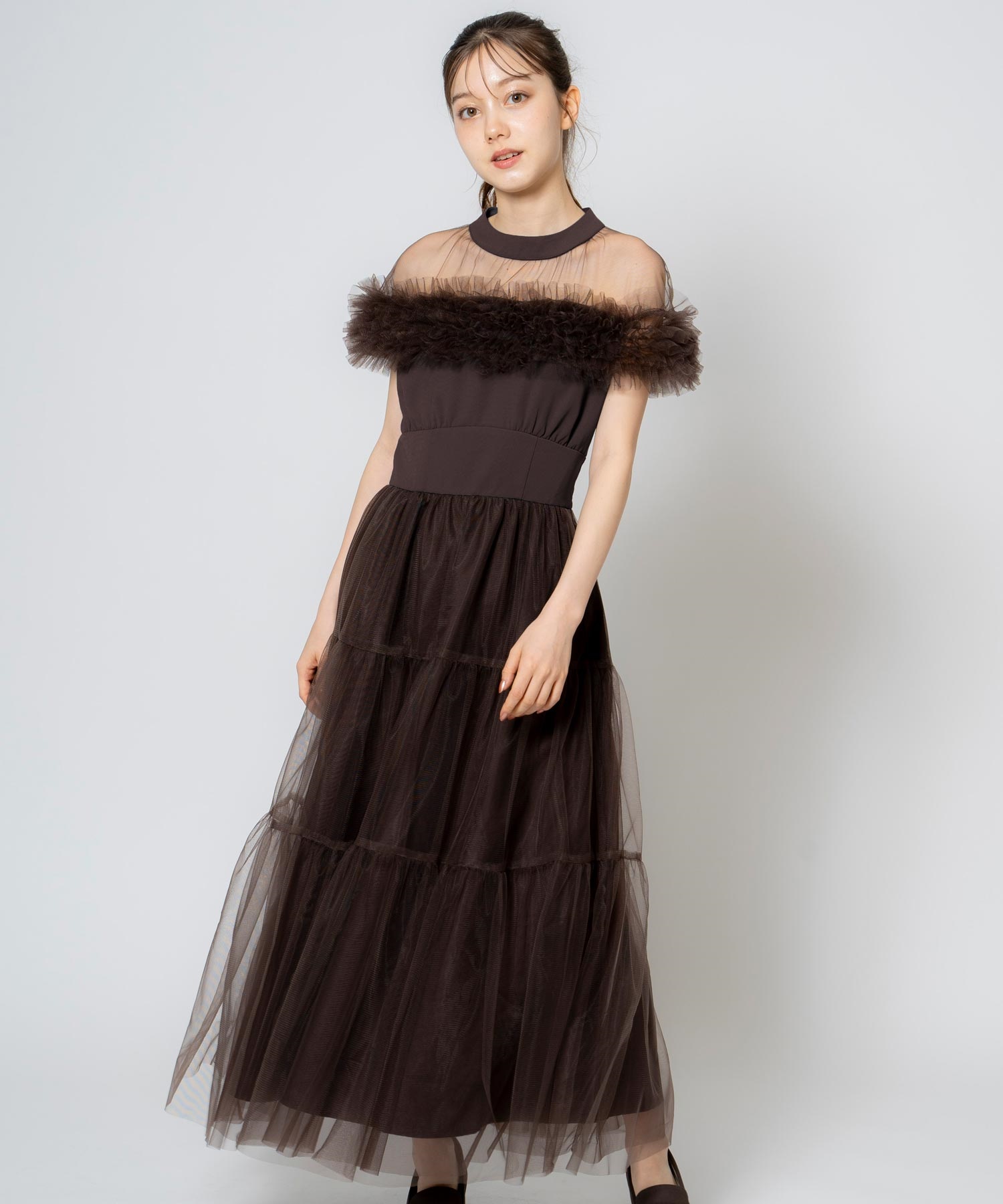 SSサイズあり】ケープチュールフリルドレス | ロングワンピース