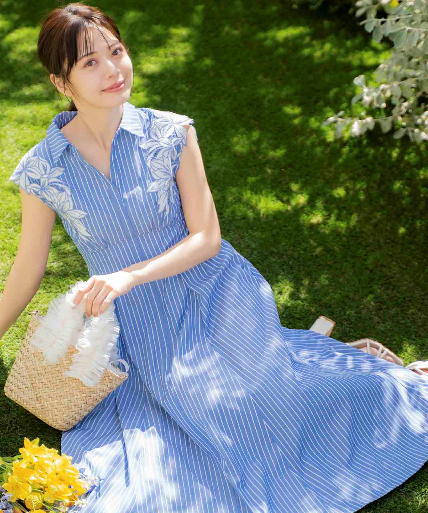 15周年】【SSサイズあり】エンブロイダリーストライプワンピ | ロング