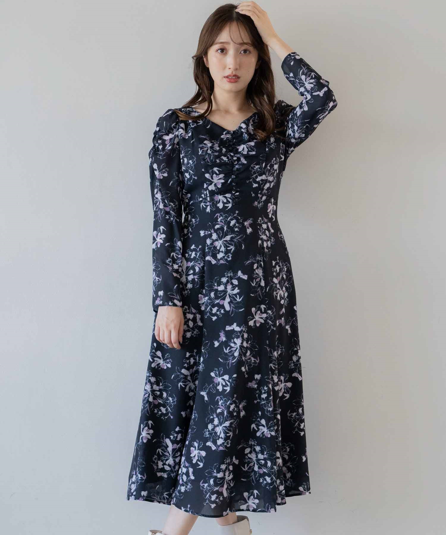 ラインフラワー花柄ワンピース | ロングワンピース | NOELA OFFICIAL