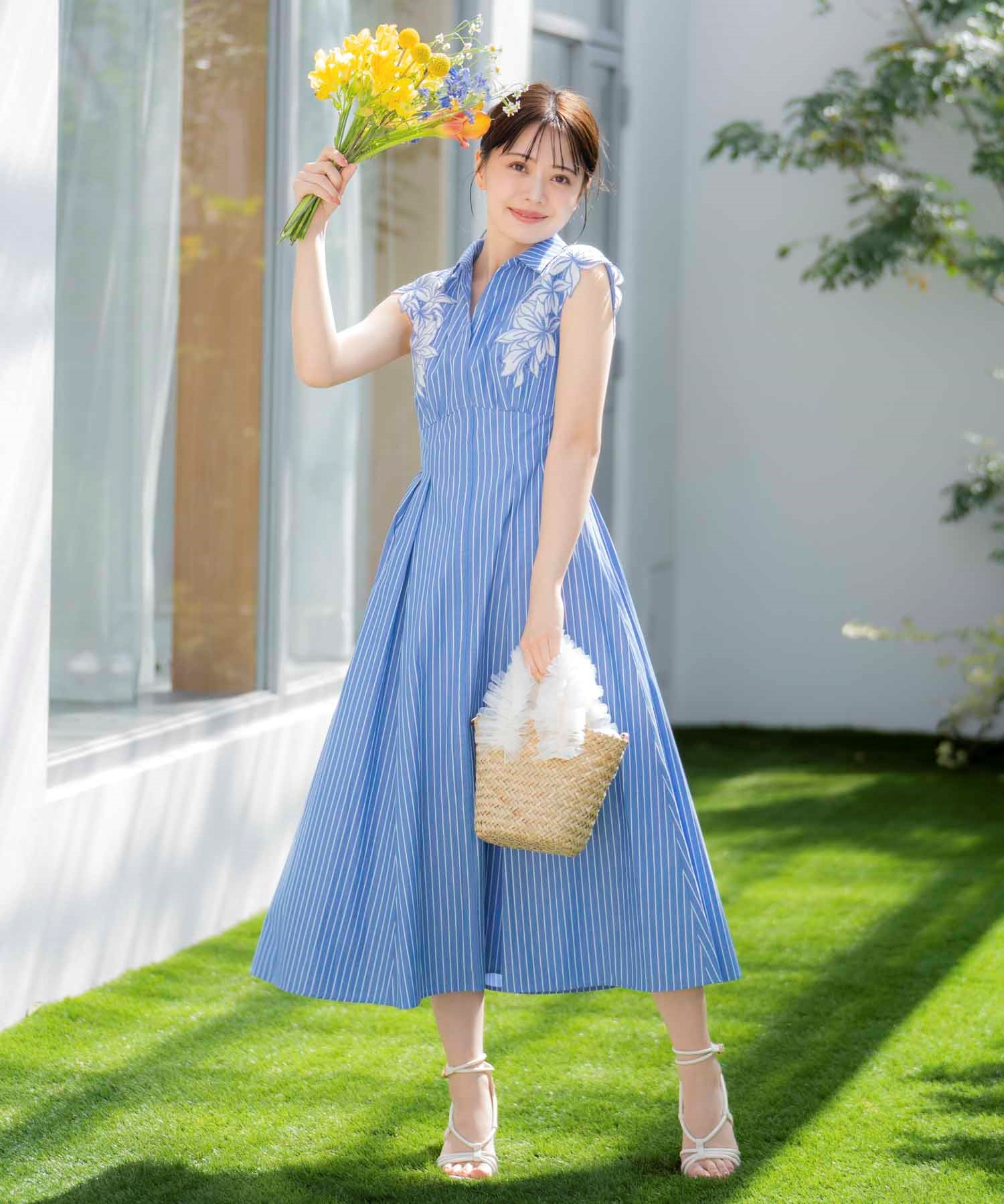 15周年】【SSサイズあり】エンブロイダリーストライプワンピ | ロング