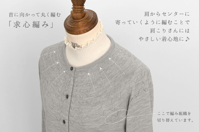 求心カーディガン」(薄手) (透かし柄/ウール/レディース) 【M・L