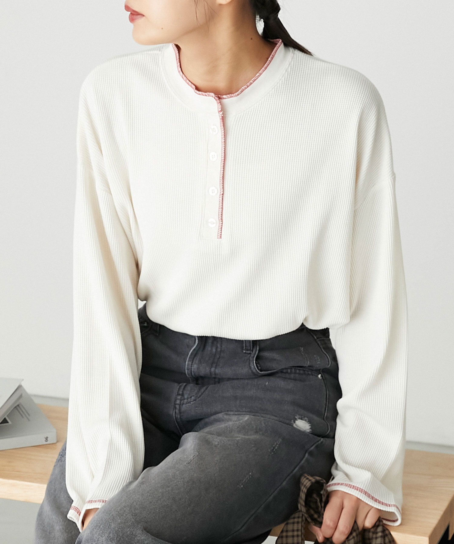 forksy.】ワッフルヘンリーネック配色ステッチロンT forksy.│MONO