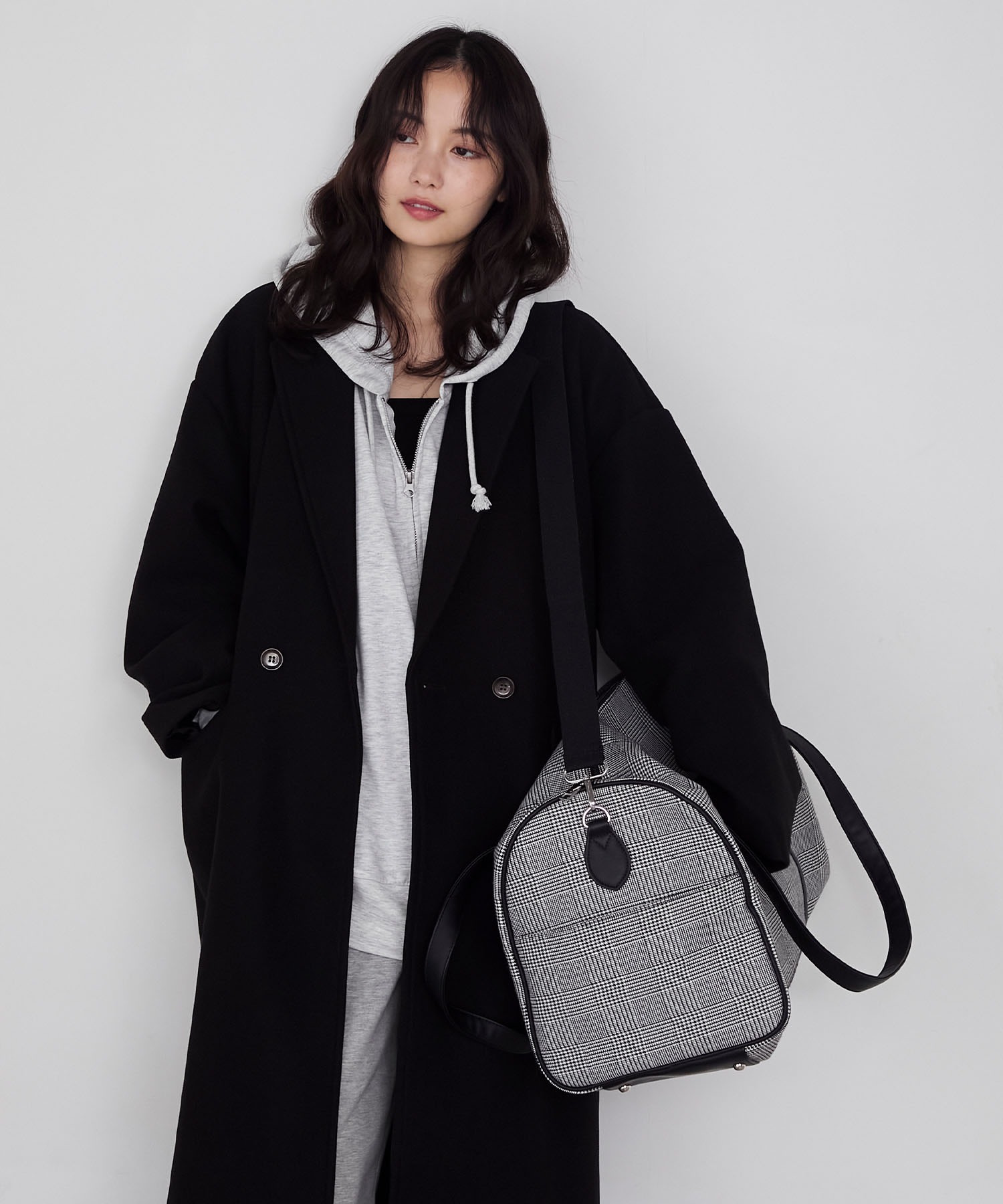 forksy.】チェック柄2wayビッグショルダートラベルボストンバッグ