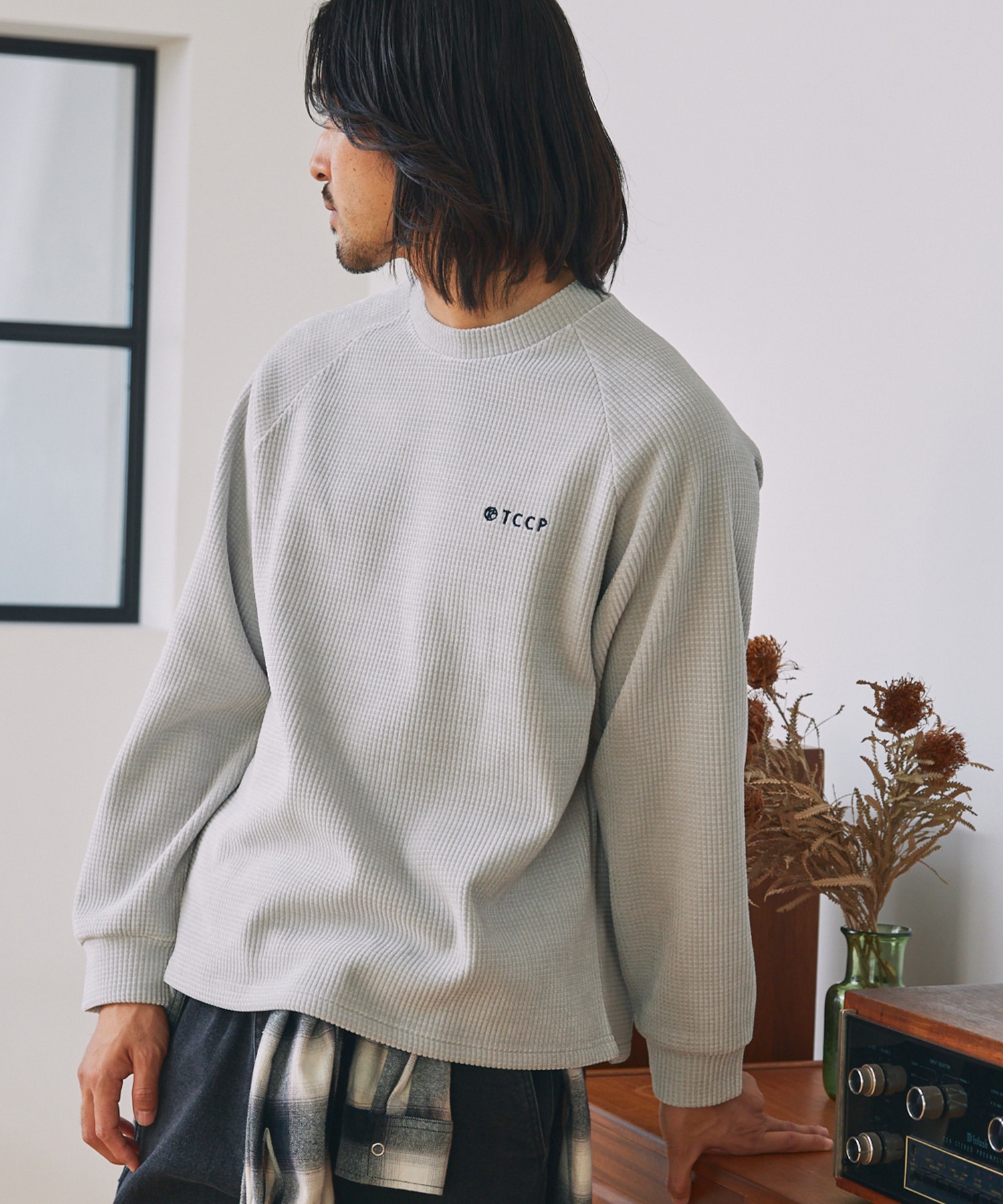 モールワッフル ビッグシルエット ラグランスリーブクルーネック