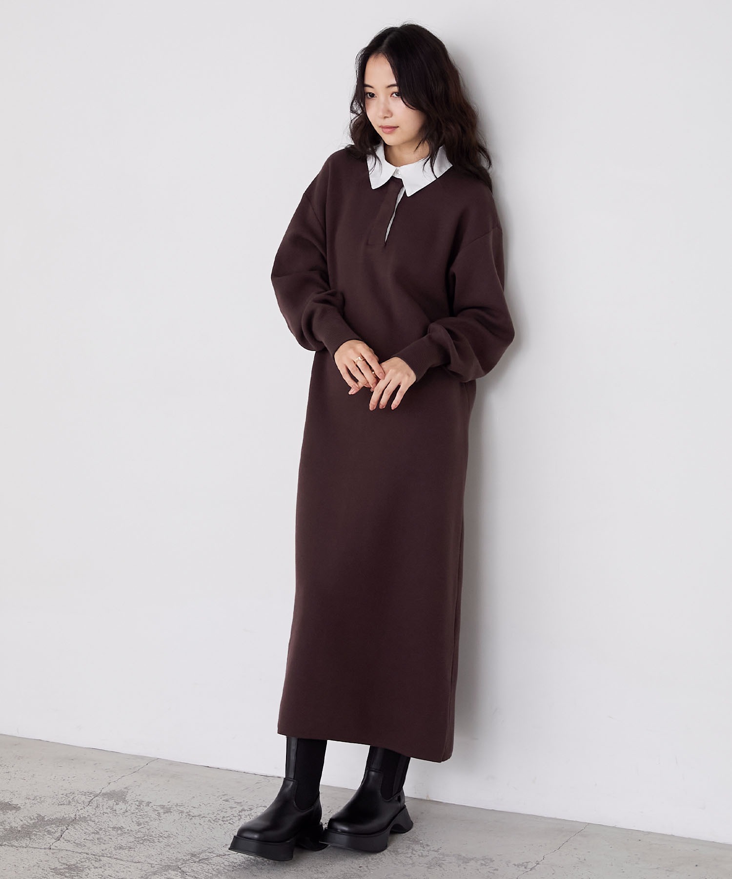 forksy.】バイカラー衿付きスウェットライクニットワンピース forksy