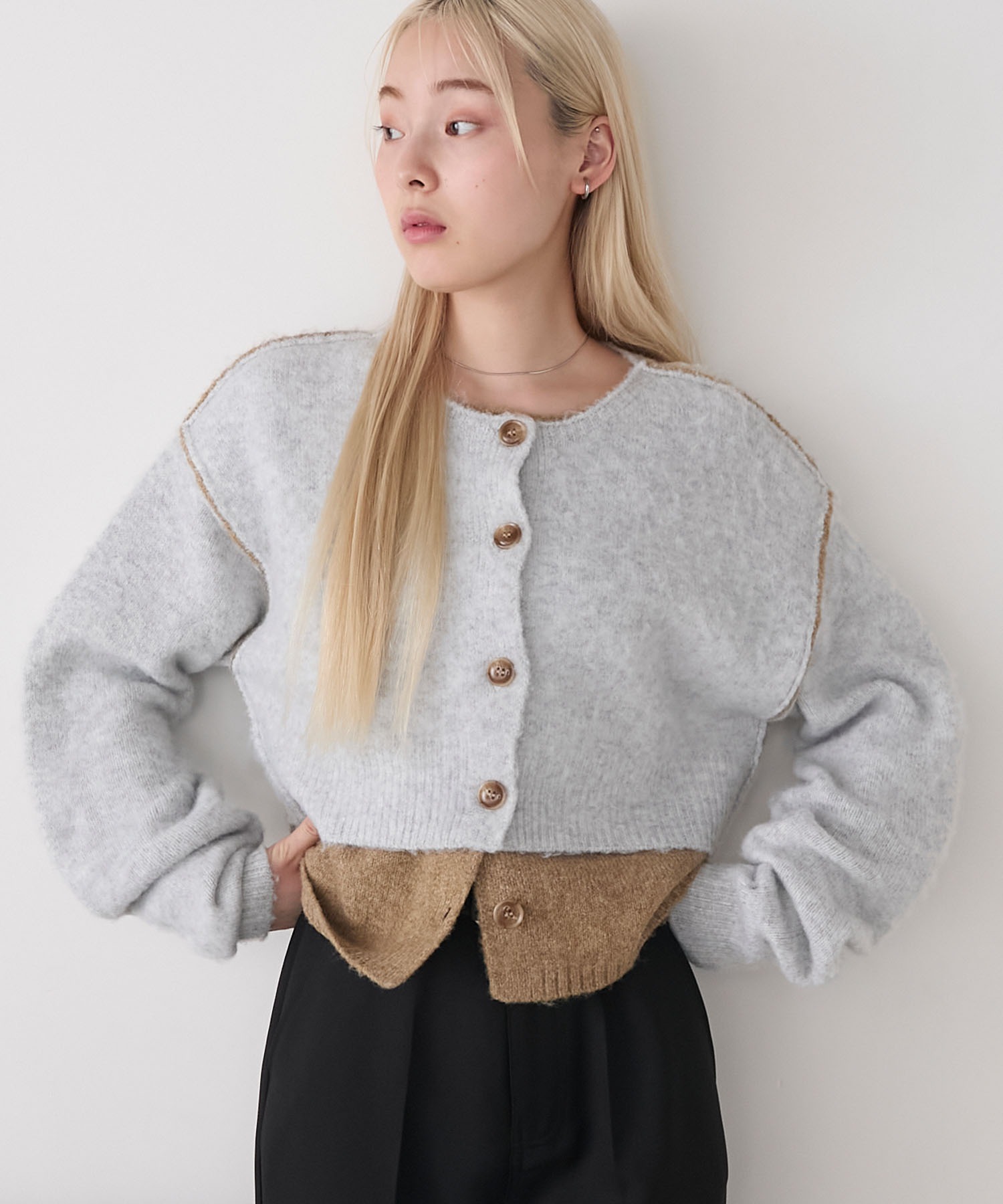 forksy.】ミックス起毛レイヤード配色ショートニットカーディガン