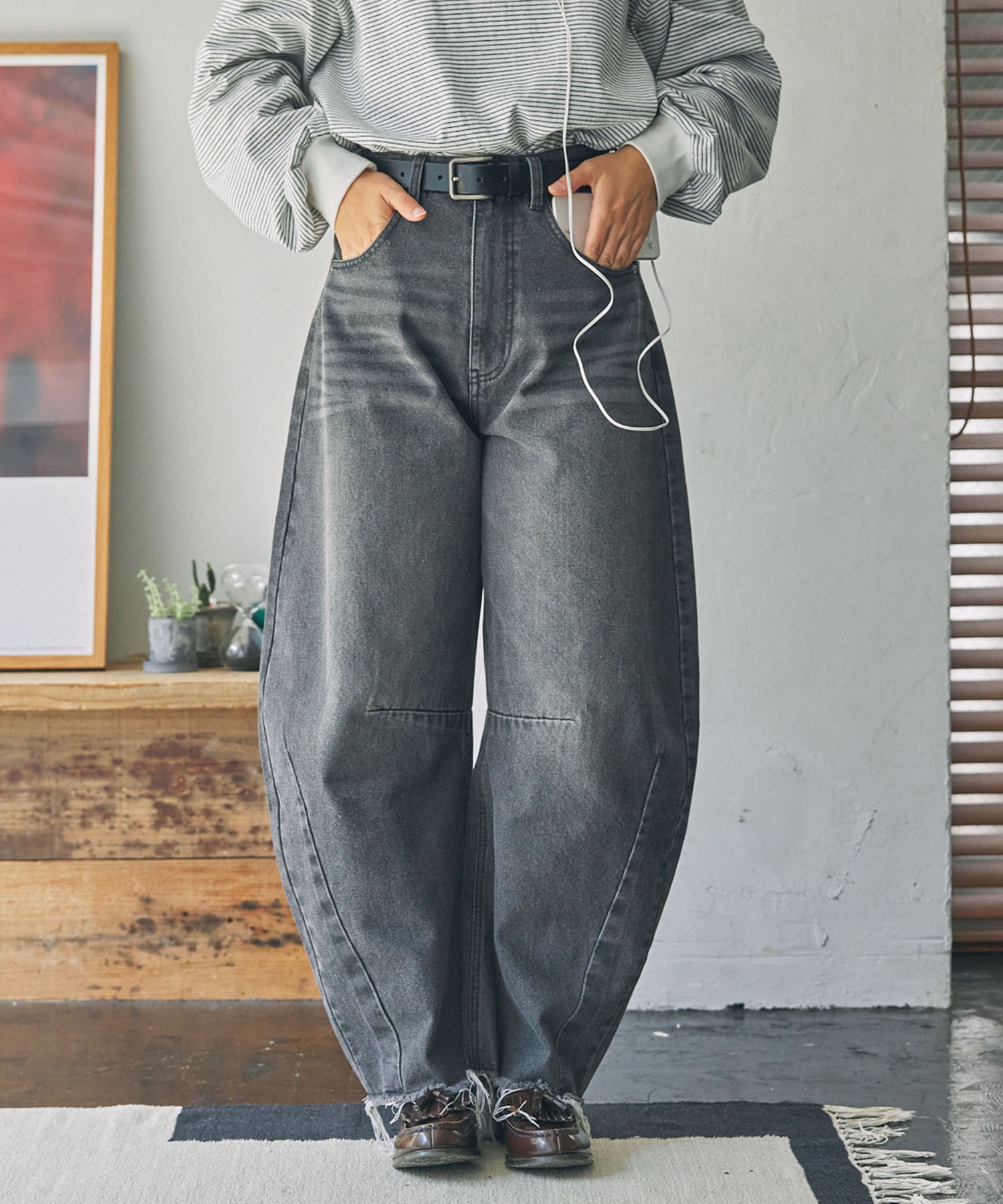 裾フリンジ ヴィンテージライク カーブデニムパンツ MONO-MART LADY'S