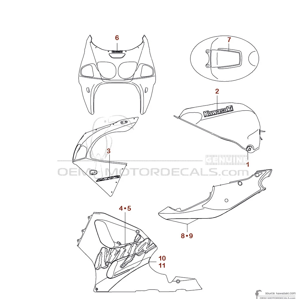 OEM Decals Kawasaki ZX7R 1999 - Red • Original Stickers