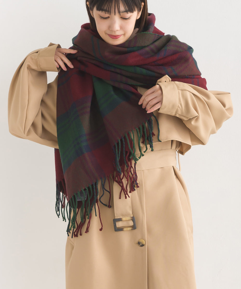 OMNES】ウール混大判チェック フリンジストール【1519-0010】