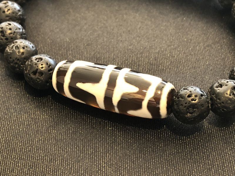 A24 老礦天珠四線虎牙天珠天然石鉱物風水開運御守 ブレスレット