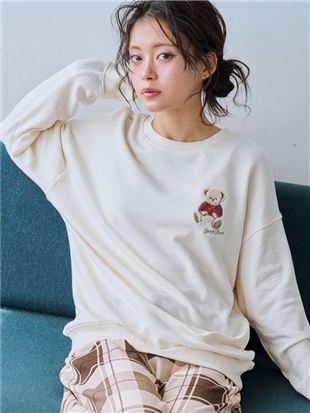 温度調整]裏毛くまサガラ刺繍チェックボトム長袖パジャマ: ルーム