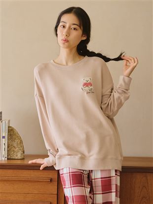 温度調整]裏毛くまサガラ刺繍チェックボトム長袖パジャマ: ルーム