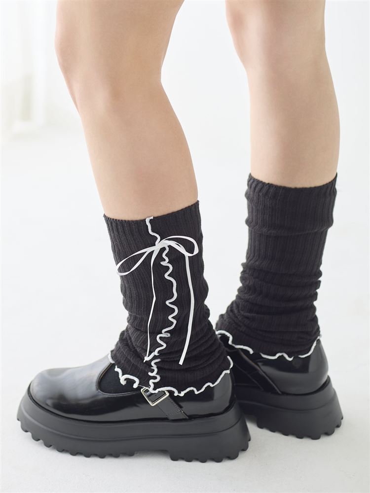 綿混リボン付きサイドメローレッグウォーマー50cm丈: レッグウェア