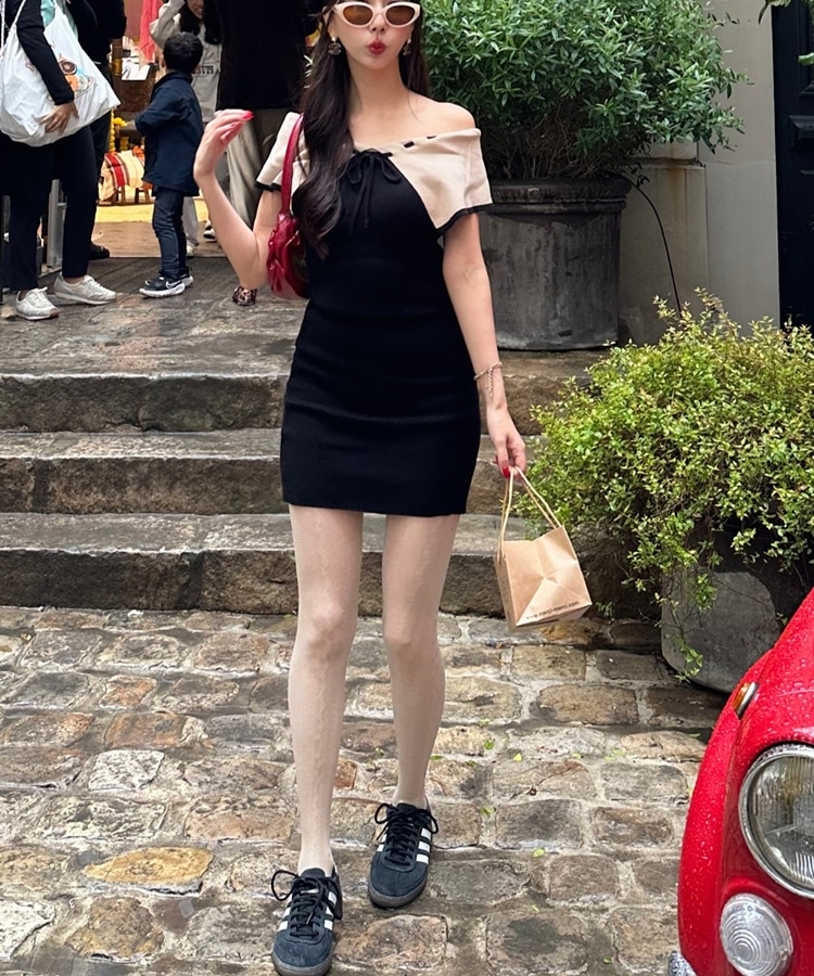 offshoulder mini ribbon onepiece(M BEIGE): ワンピース｜PMbox P&M