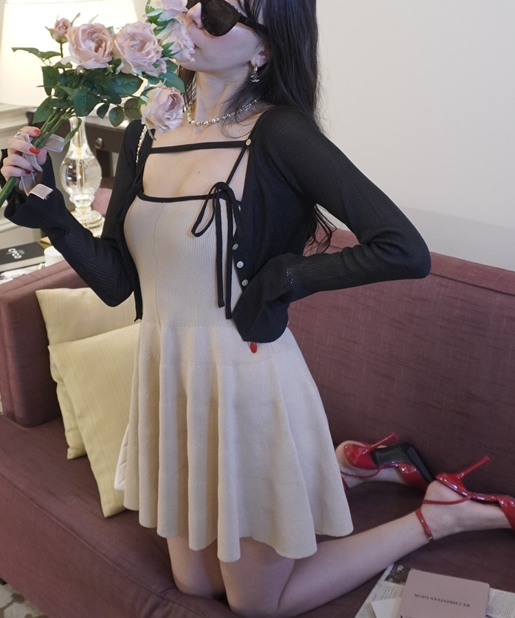 ribbon onepiece×flare sheer cardigan set(M BLACK): ワンピース