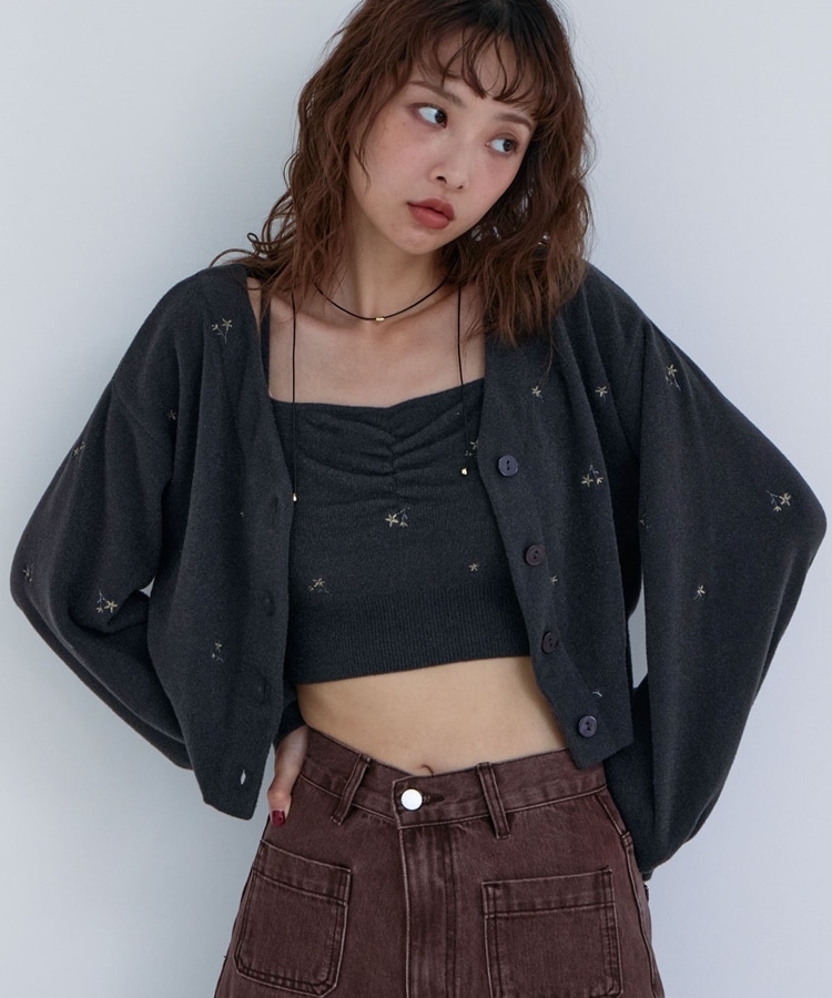 フラワー刺繍ニットCDアンサンブル(M CHARCOAL GRAY): トップス