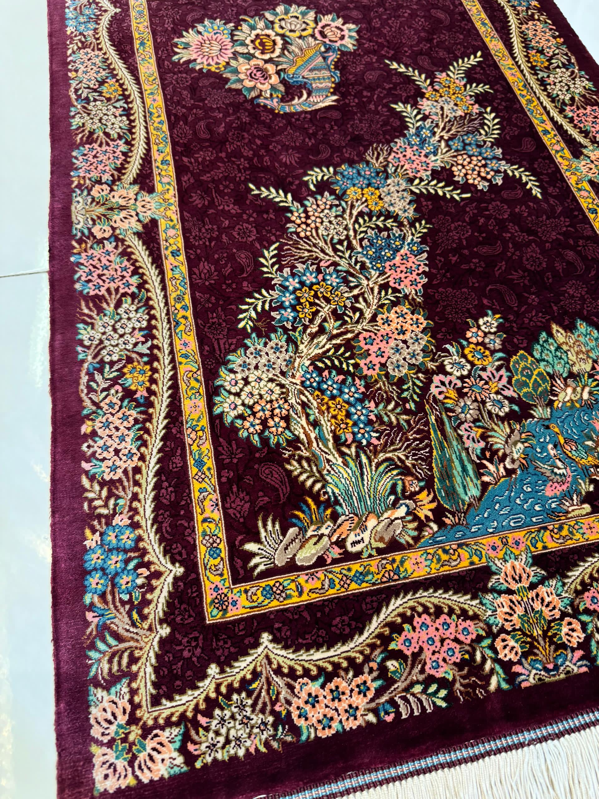 高級ペルシャ絨毯クム産シルク100％ ジャムシディ工房 85×59cm（FN