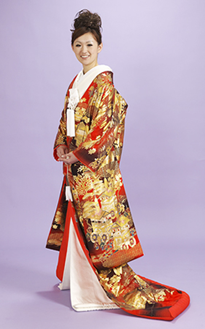 本手描友禅色打掛レンタル赤地に京都絵巻柄 / オリフリ