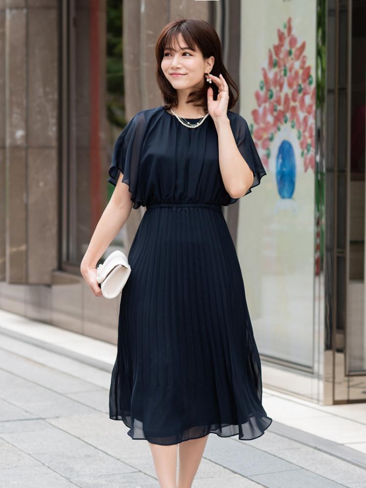 シフォンプリーツドレス(ネイビー)CR1-338NA-L | OTONA DRESS