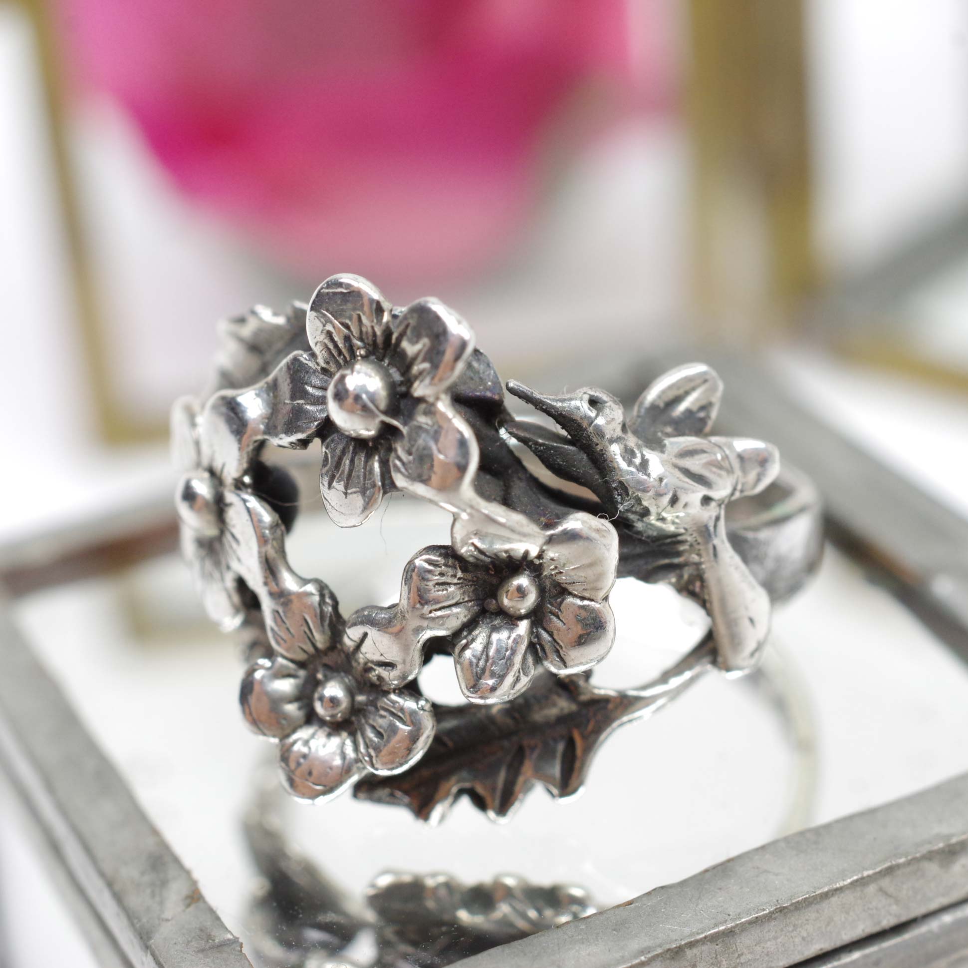 Silver925☆愛の鳥ハチドリとお花ハートのリング