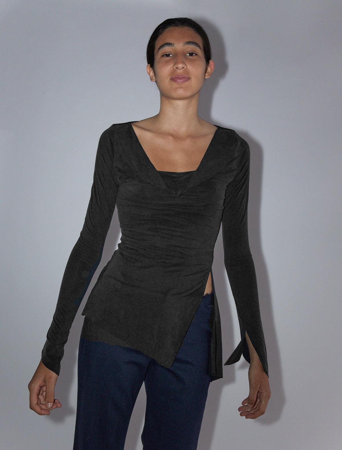 LOTTO-Asymmetric long-sleeved cupro top with cuffs and side slit
