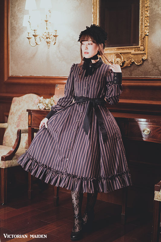 ヴィクトリアンメイデンレジメンタルストライプドレス無地グレージュ