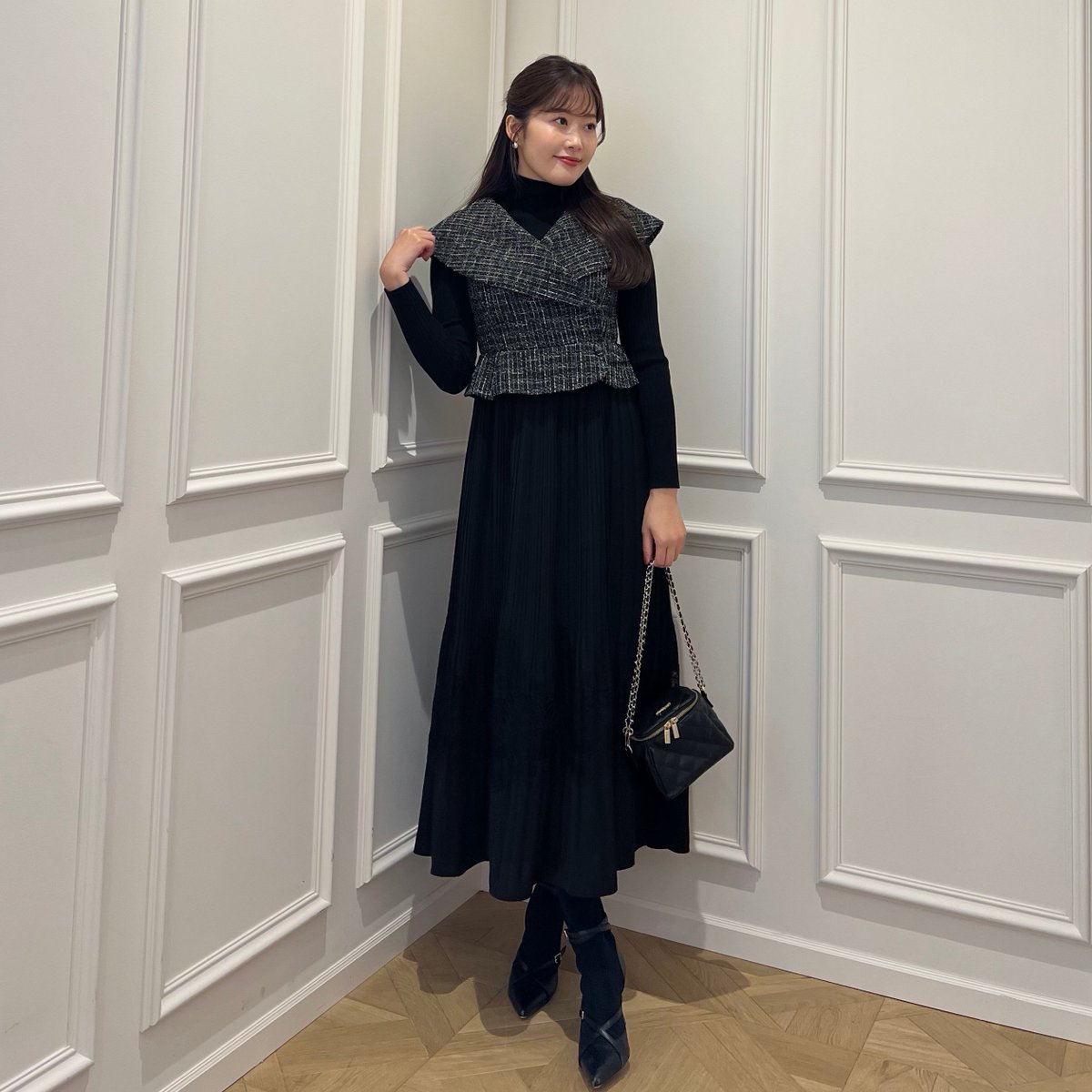 🏷Siena Big Collar Pleated Dress - tweed - 1枚で気品溢れるスタイル