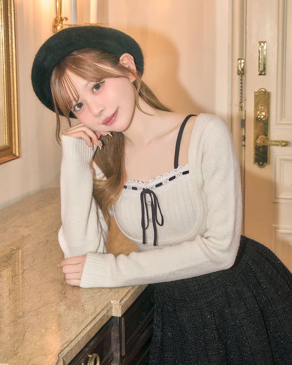 ミシェルマカロン リボンリブニットトップス ピンク フリー ミシェル