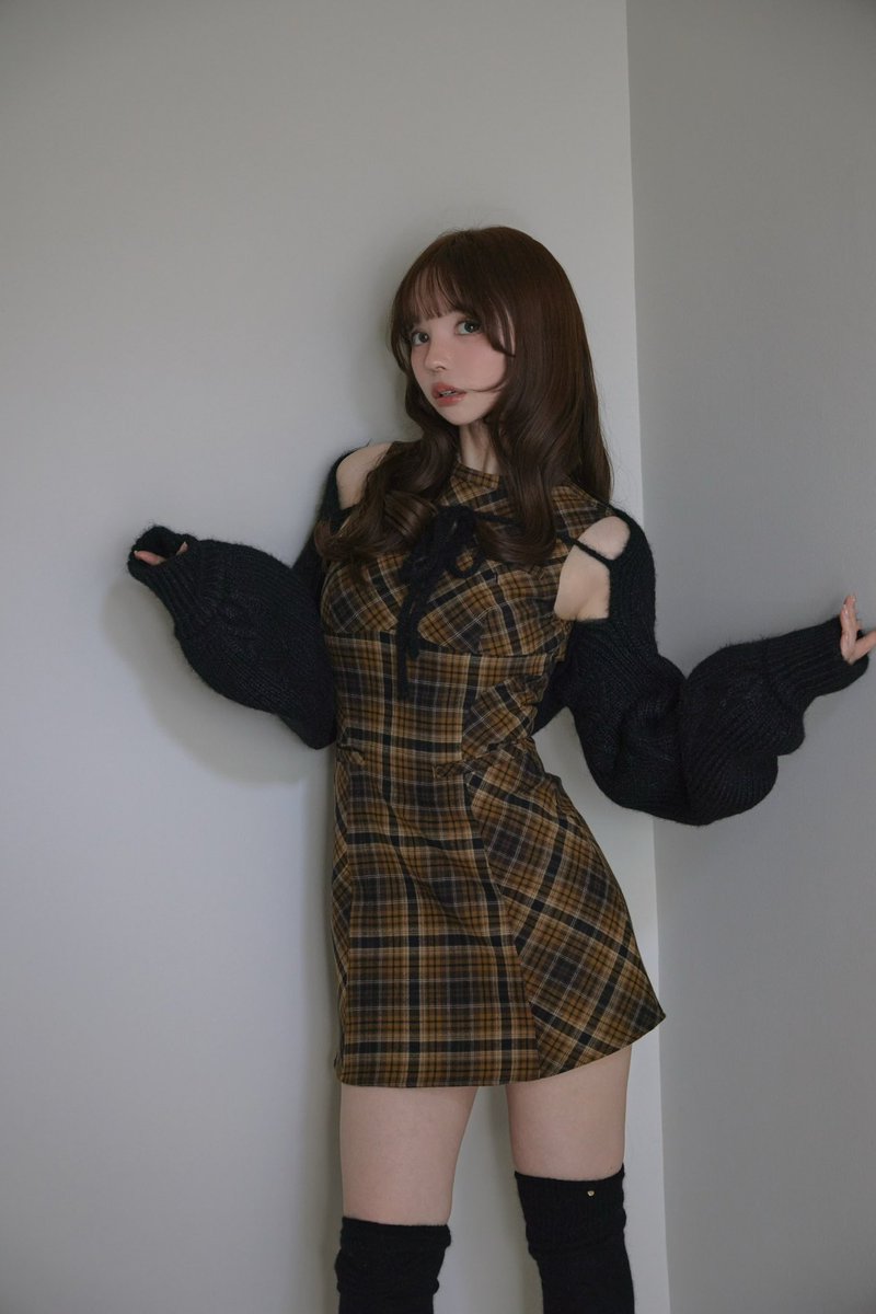 Mimi check set mini dress color yellow/brown ¥18700-tax in