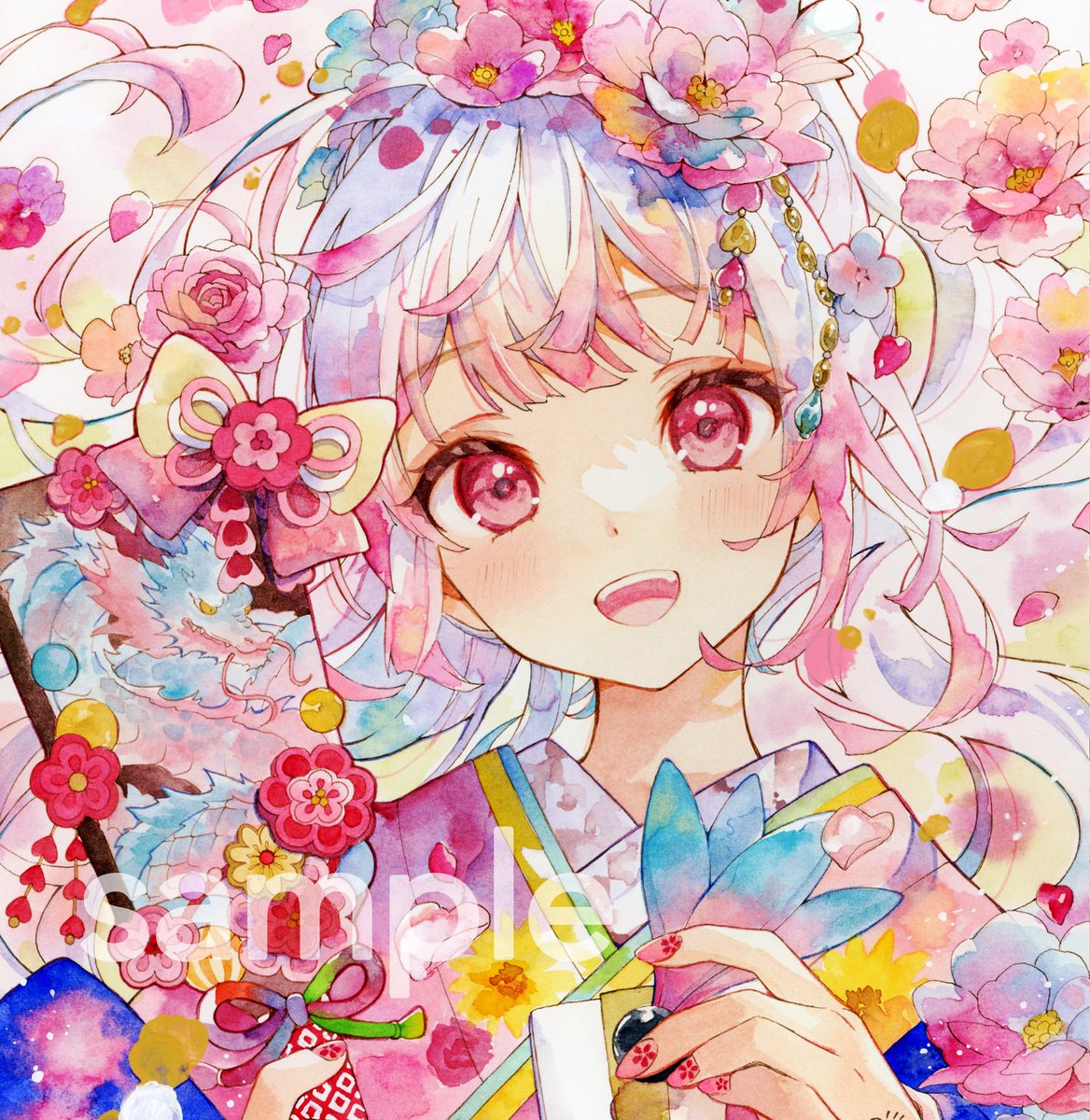 大色紙に描いたこちらのアナログイラストをオークション出品しました