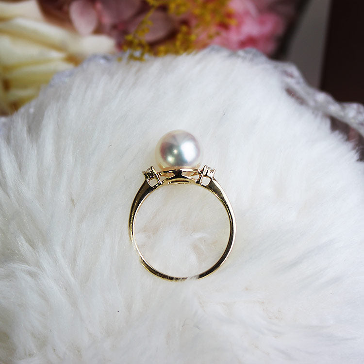 あこや真珠 リング 一粒 K18YG 8.5-9mm DIA ダイヤ シンプル パール