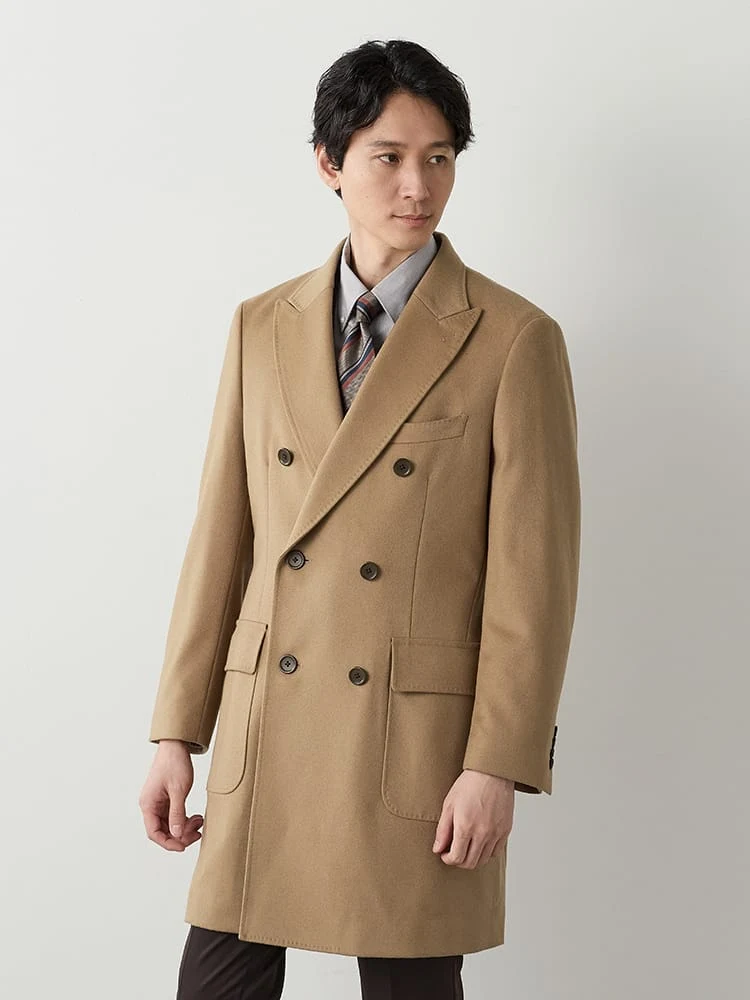 ワイン ウール100% ダブルブレスト チェスターコート グレー/ワイン