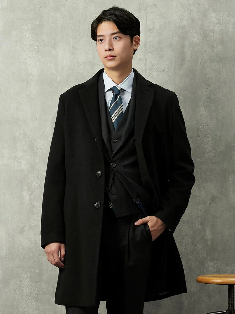 ブラック ウール100％ 国産チェスターコート ブラック/カーキ | P.S.FA