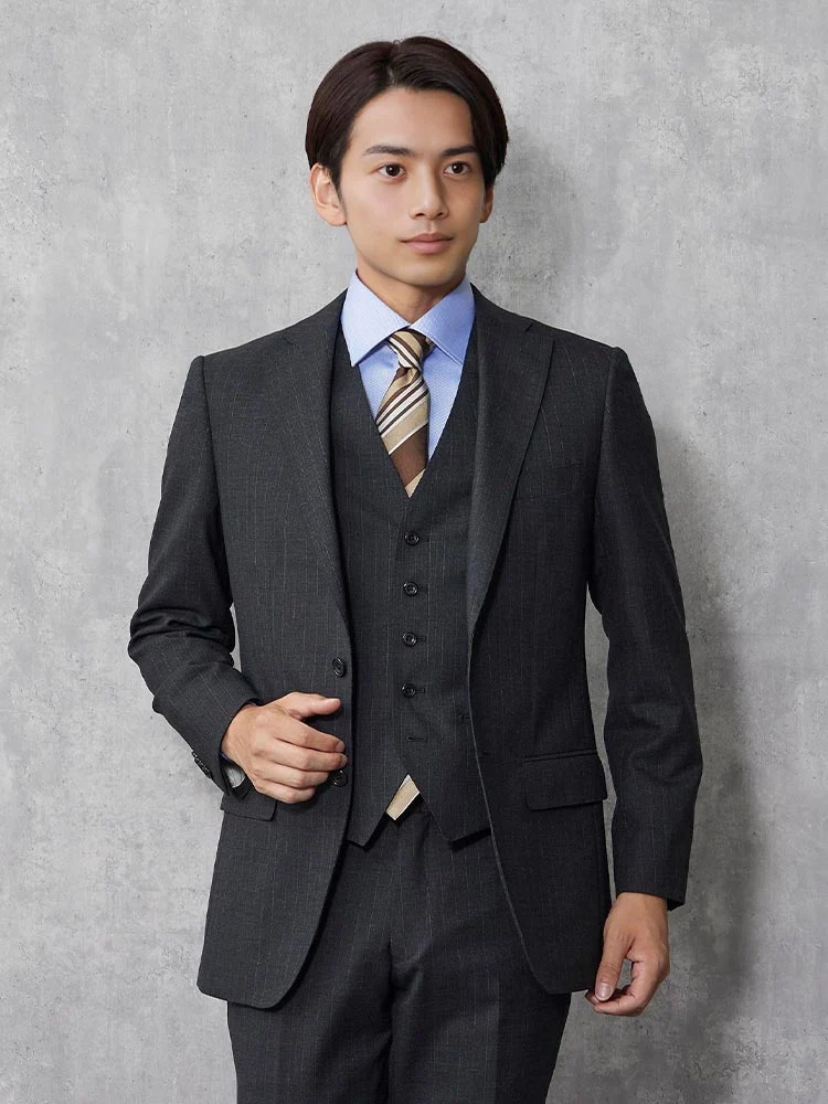 Super100'S】ウール100％ スリーピーススーツ ストライプ グレー