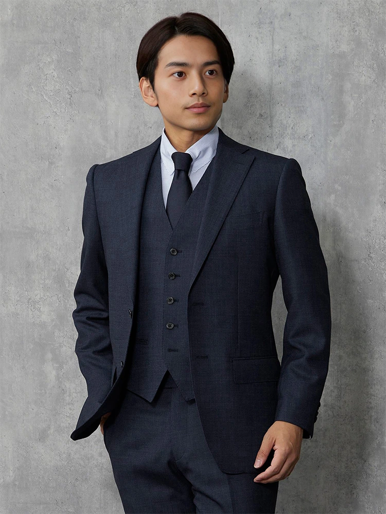 Super100'S】ウール100％ スリーピーススーツ 無地調 ネイビー | P.S.