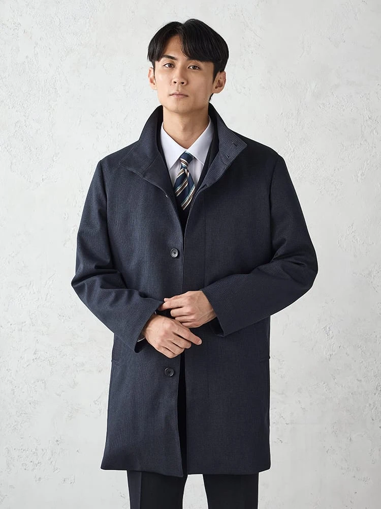 ブラック 千鳥柄スタンドカラーコート 脱着ライナー付き ブラック