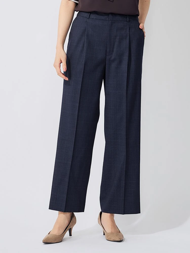 デニムライクスーツ チェック柄 ワイドパンツ ネイビー | P.S.FA公式通販