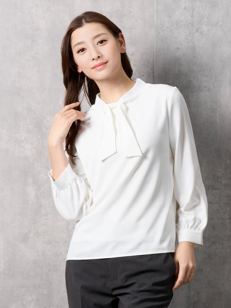 L．グレー フロントリボン ボウタイブラウス グレー/オフホワイト