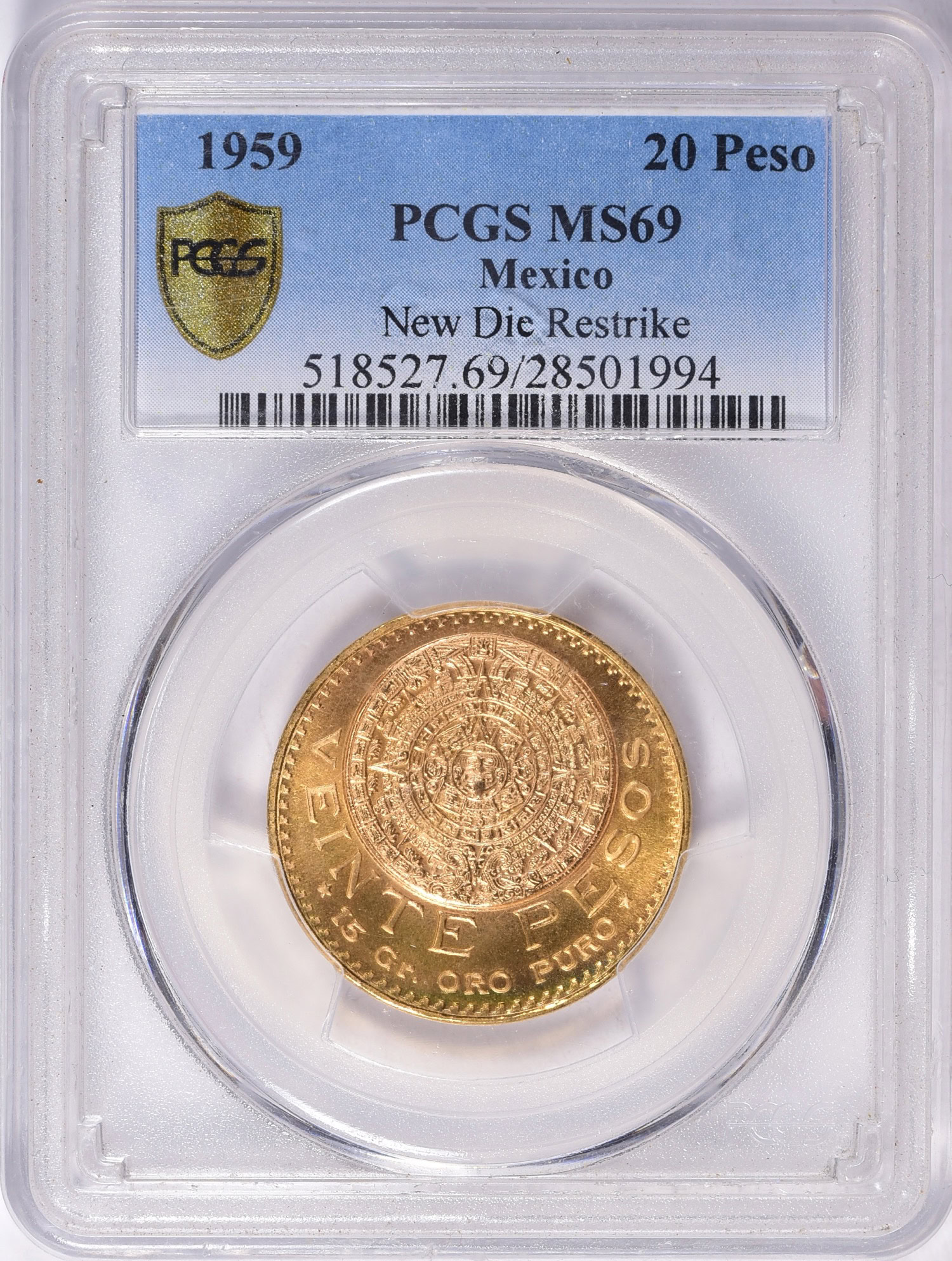 Mexico 1959 Gold 20 Pesos New Die Restrike KM-478 PCGS MS-69 (AGW