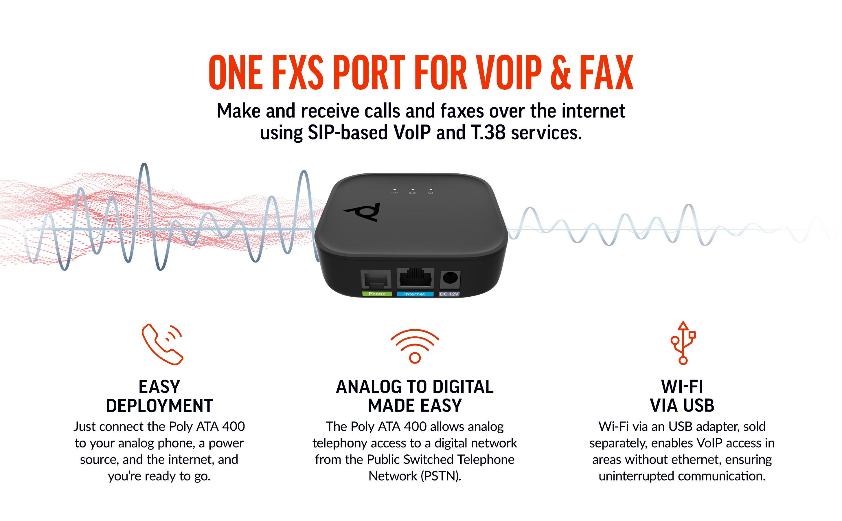 Poly ATA 400 1FXS Voice Port VoIP Adapter, Open SIP, Power Supply