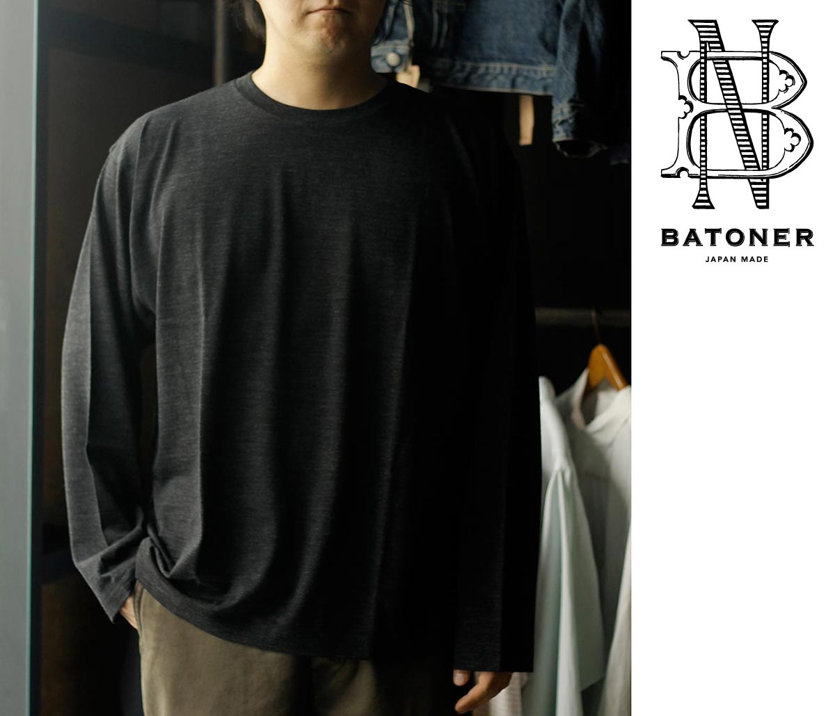 バトナー BATONER ウール クルーネック ロングスリーブ Tシャツ WOOL